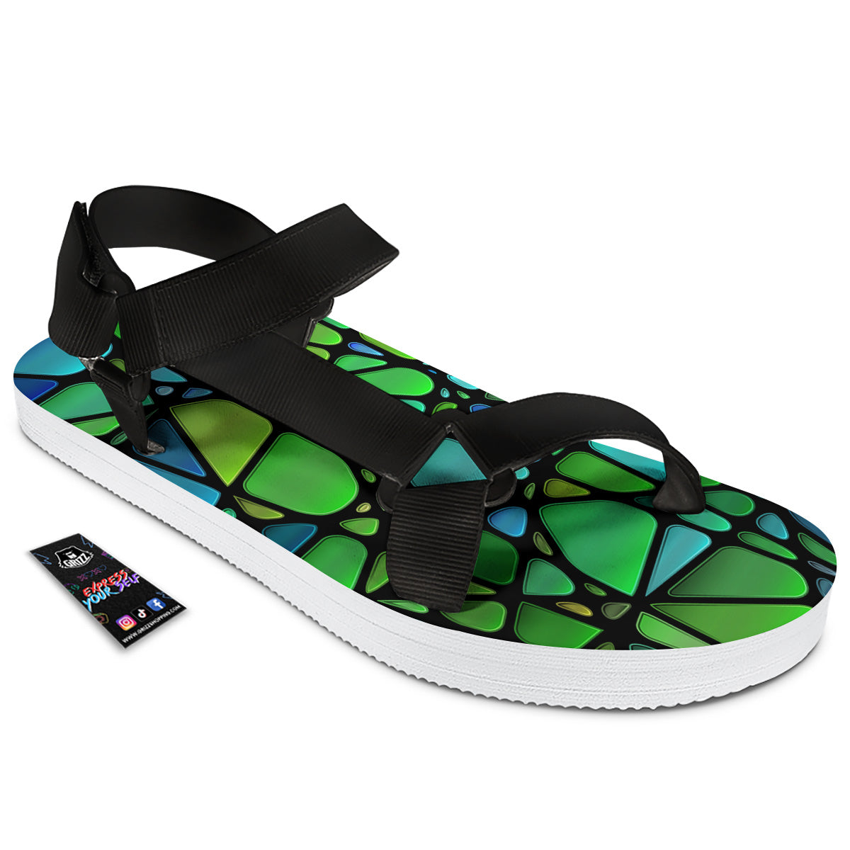 Stained Glass Green And Blue Print Black Open Toe Sandals-grizzshop