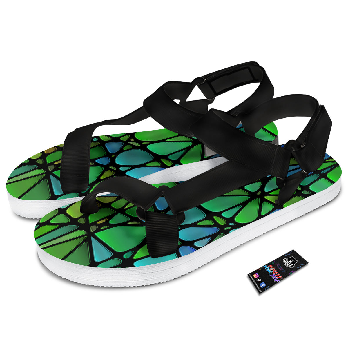 Stained Glass Green And Blue Print Black Open Toe Sandals-grizzshop