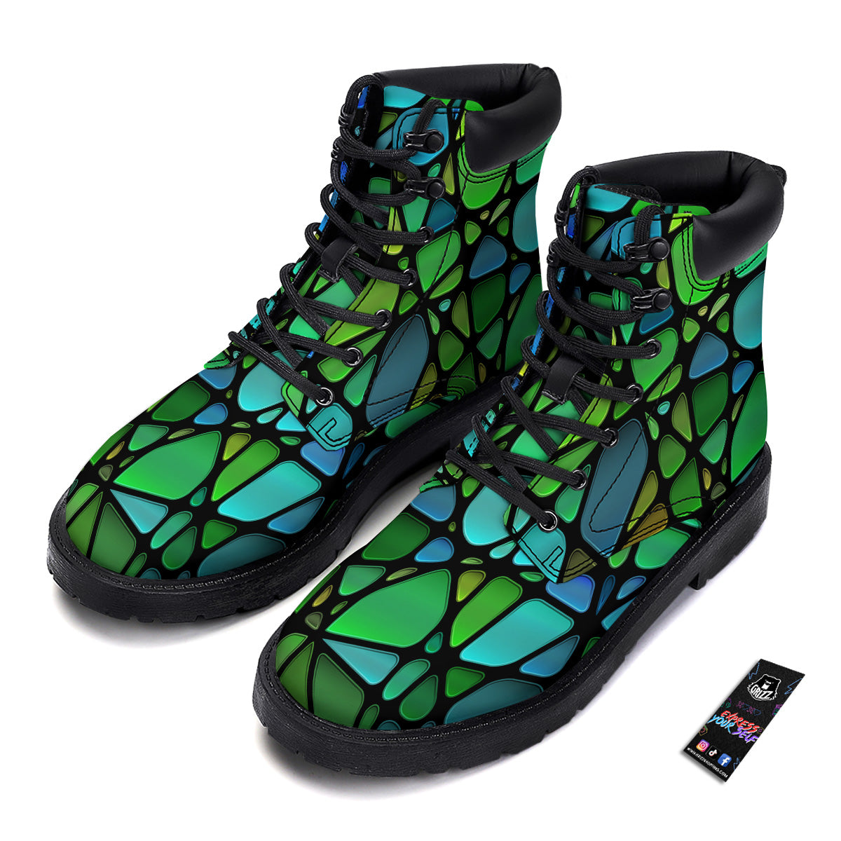 Stained Glass Green And Blue Print Boots-grizzshop