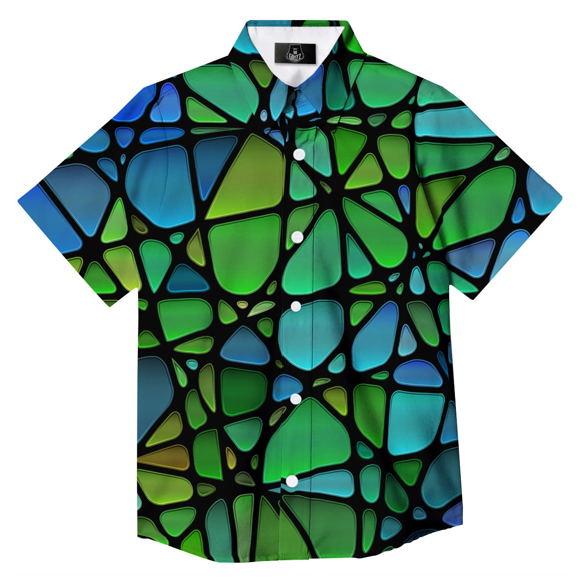 Stained Glass Green And Blue Print Button Up Shirt-grizzshop