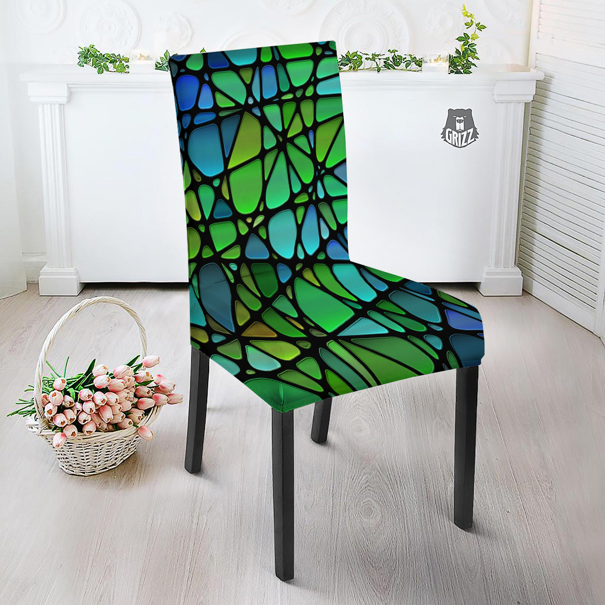 Stained Glass Green And Blue Print Dining Chair Slipcover-grizzshop