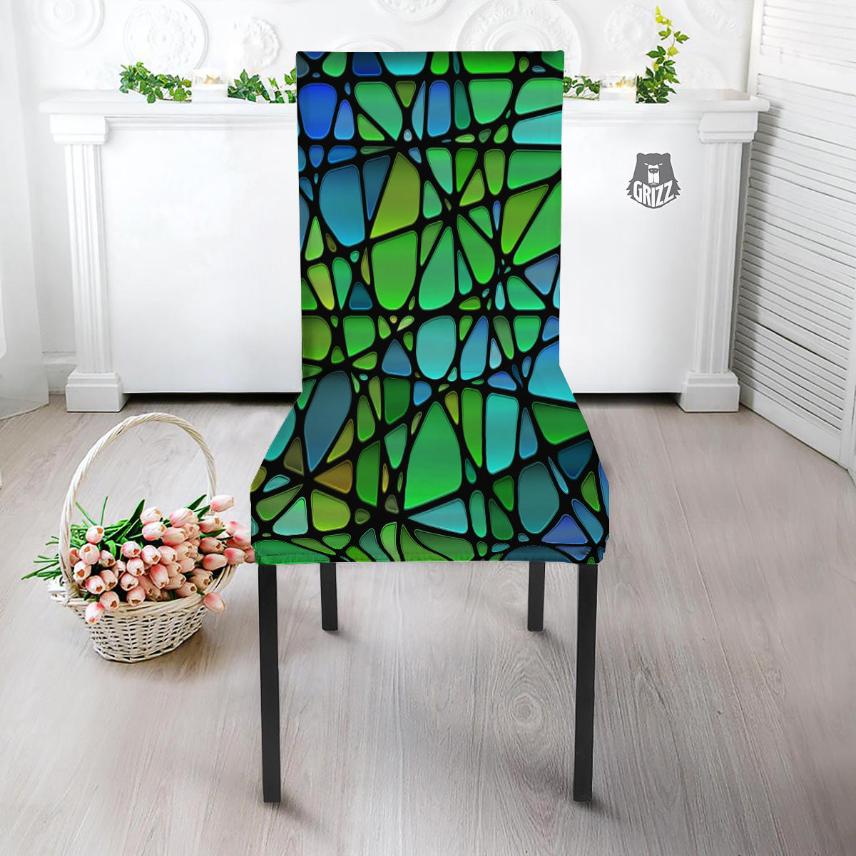 Stained Glass Green And Blue Print Dining Chair Slipcover-grizzshop