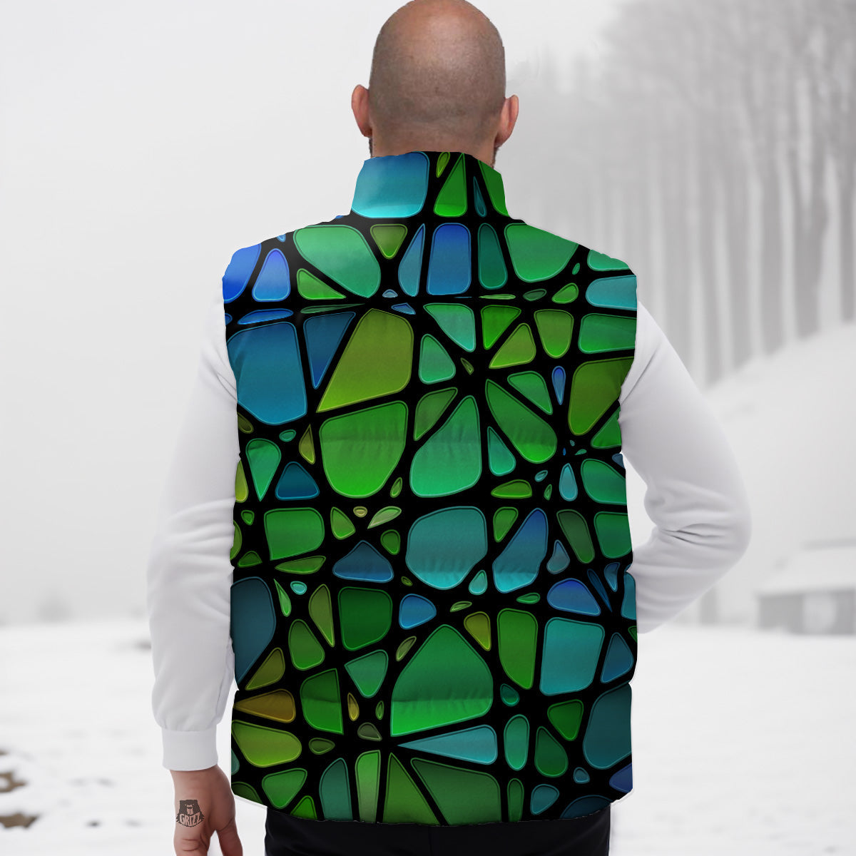 Stained Glass Green And Blue Print Down Vest