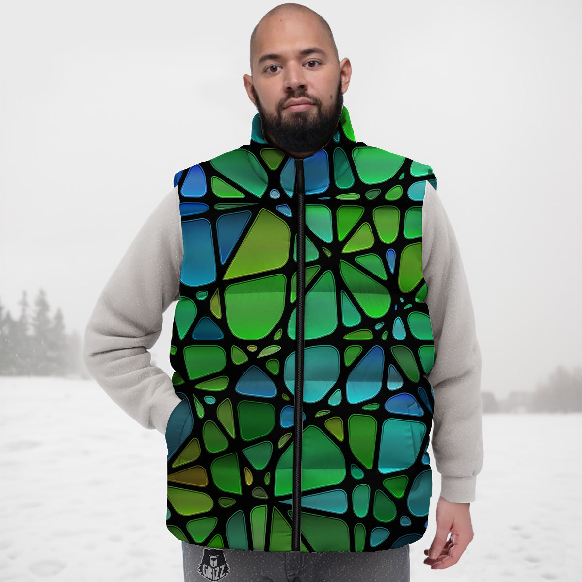 Stained Glass Green And Blue Print Down Vest