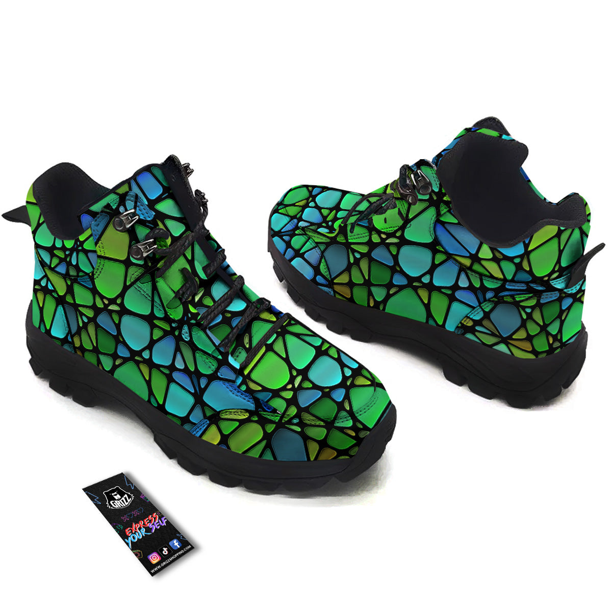 Stained Glass Green And Blue Print Hiking Shoes-grizzshop