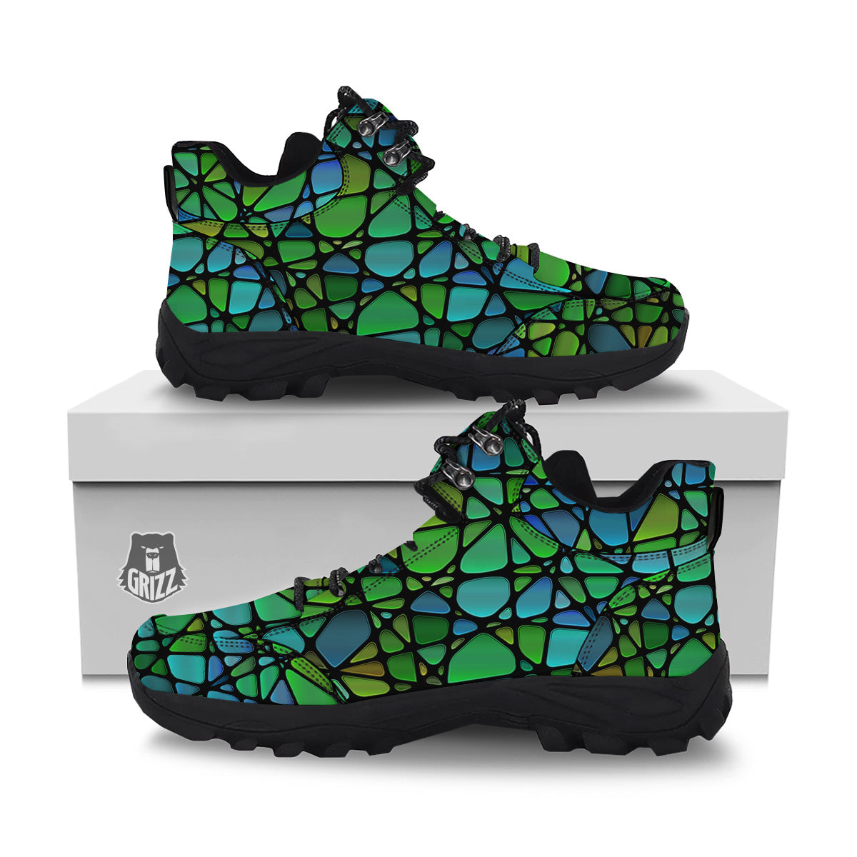 Stained Glass Green And Blue Print Hiking Shoes-grizzshop