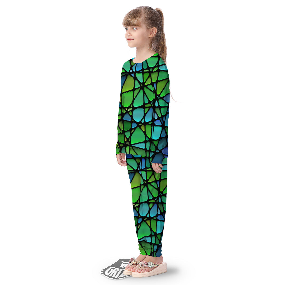 Stained Glass Green And Blue Print Kid's Pajamas-grizzshop