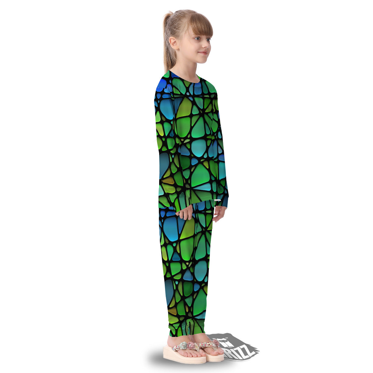Stained Glass Green And Blue Print Kid's Pajamas-grizzshop