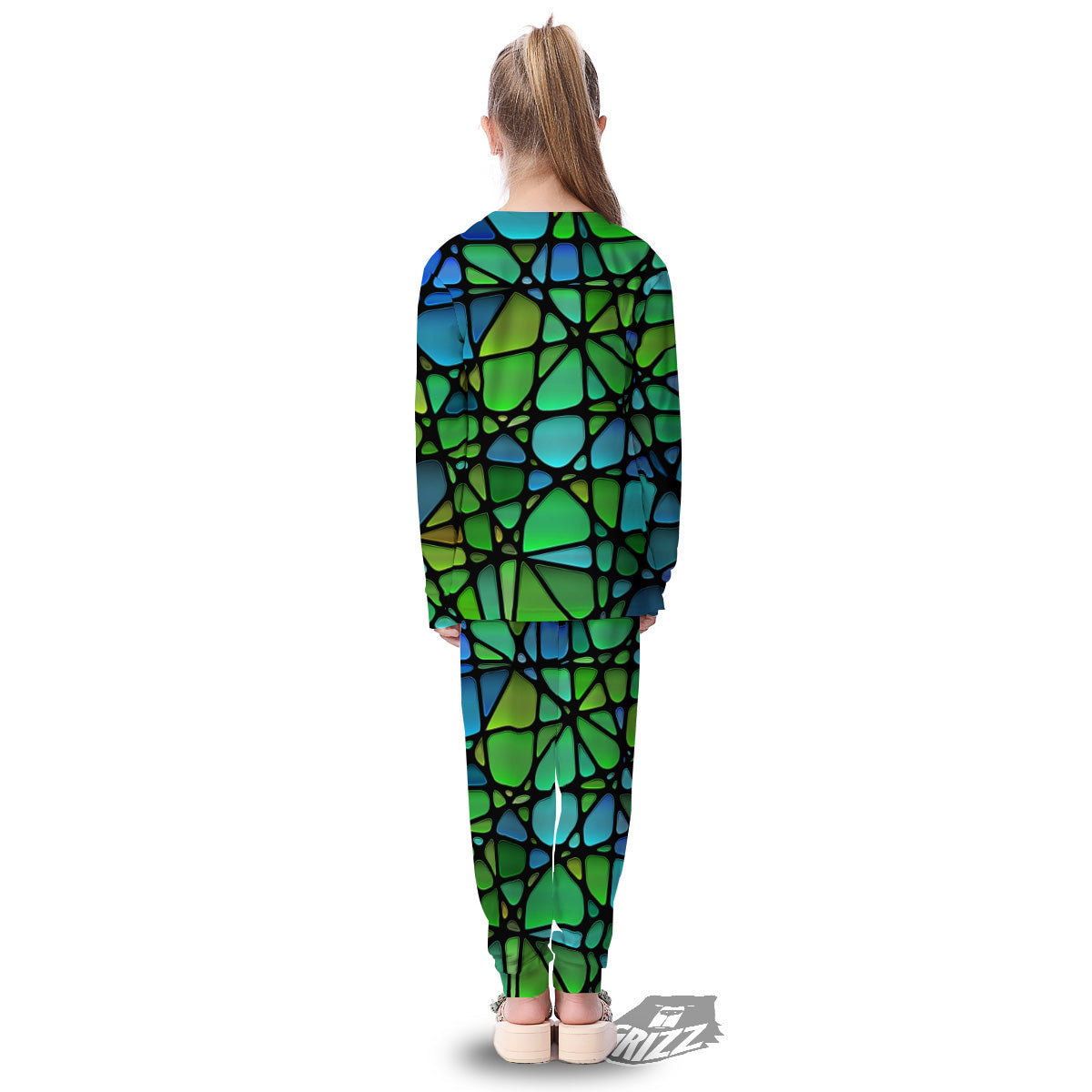 Stained Glass Green And Blue Print Kid's Pajamas-grizzshop