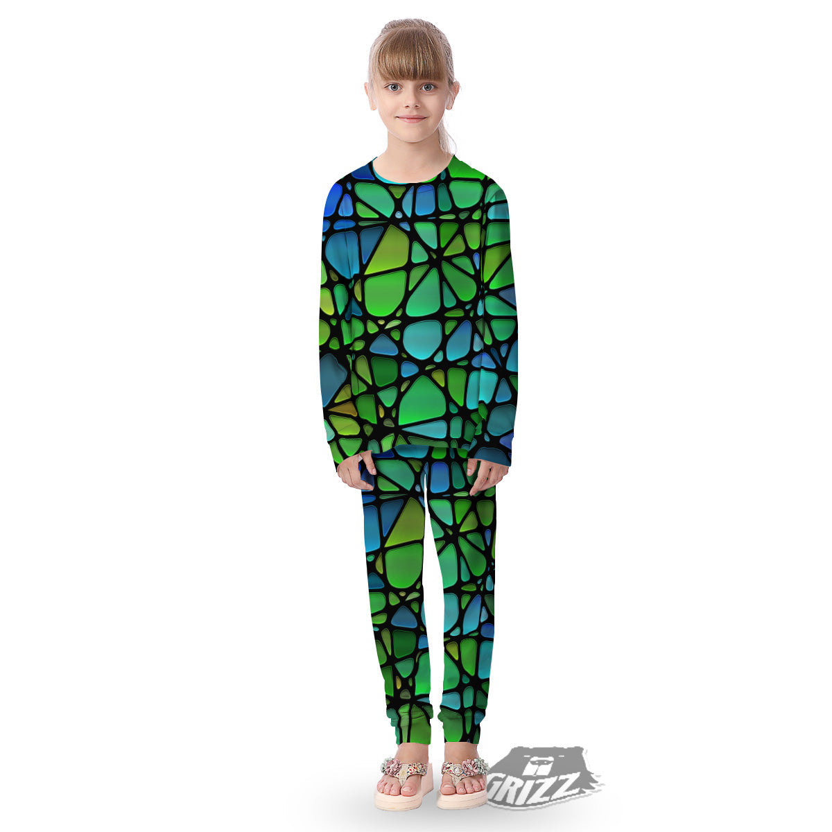 Stained Glass Green And Blue Print Kid's Pajamas-grizzshop