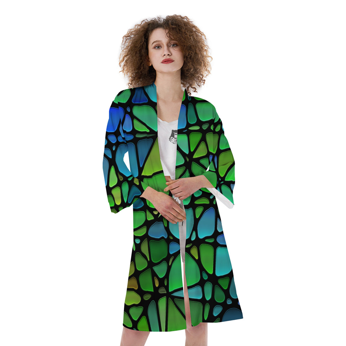 Stained Glass Green And Blue Print Kimono-grizzshop