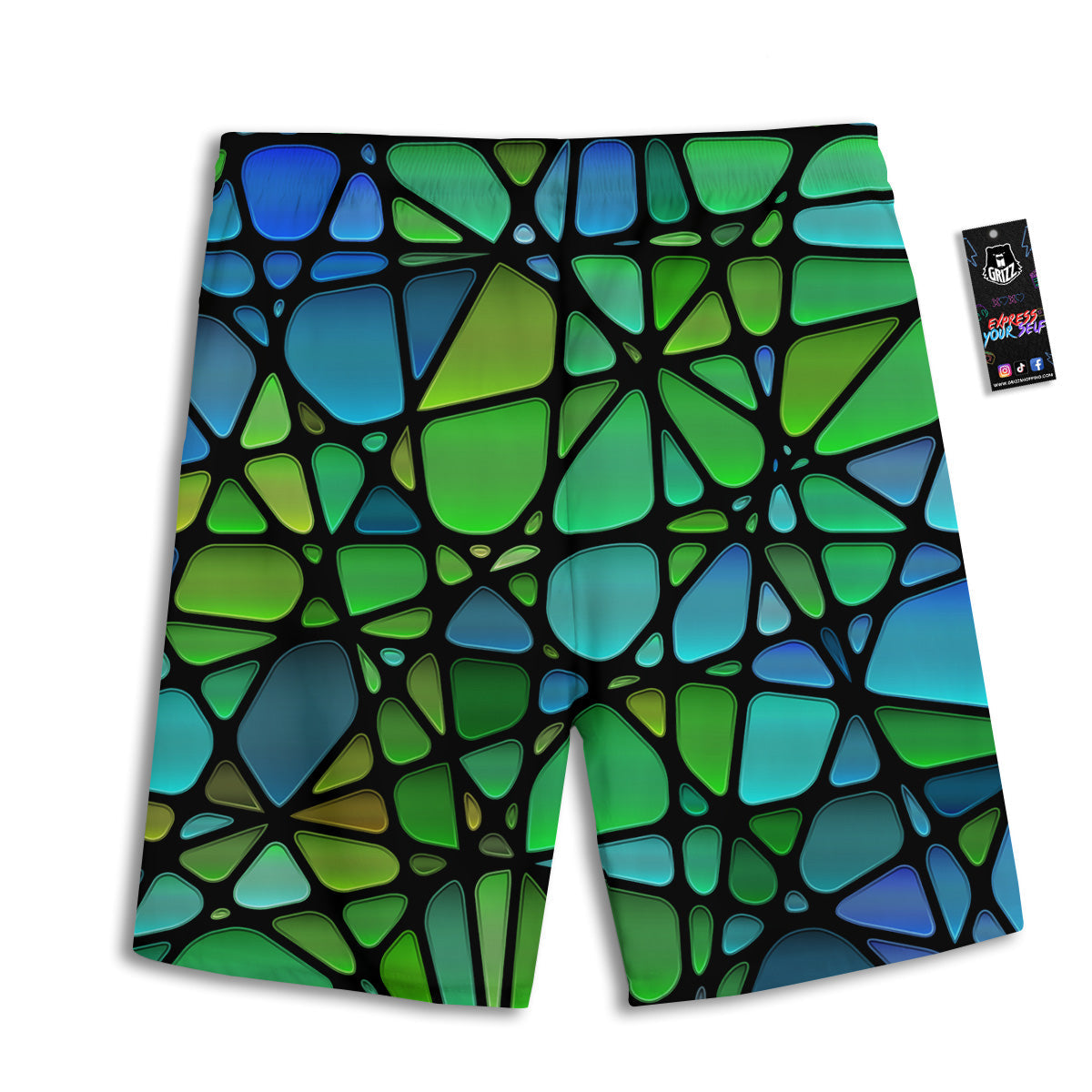 Stained Glass Green And Blue Print Men's Athletic Shorts