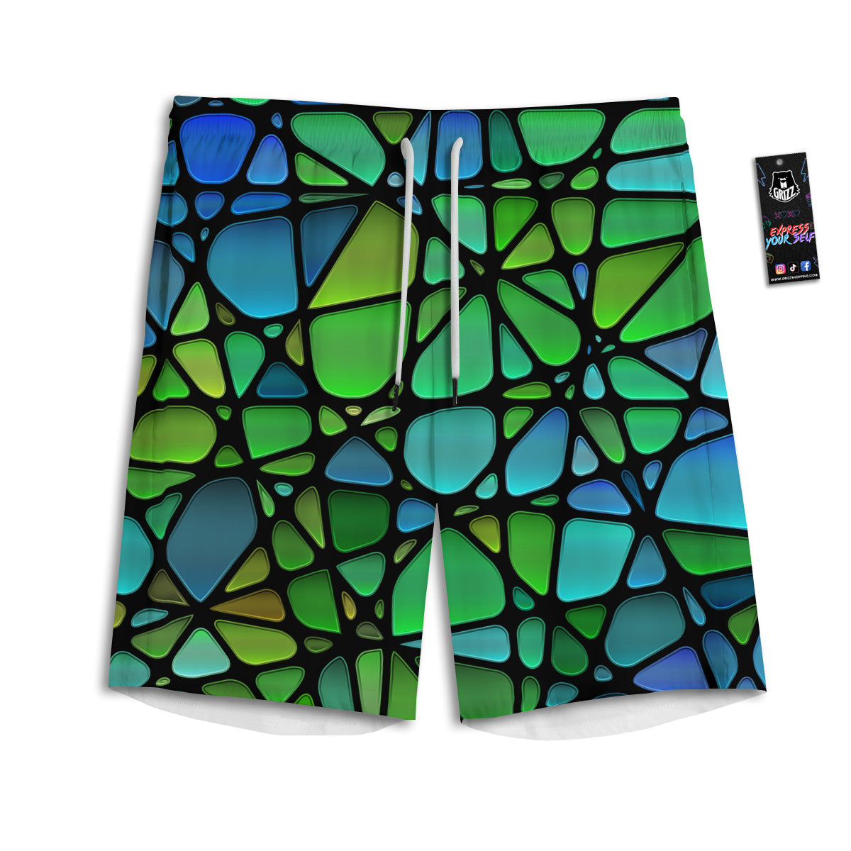 Stained Glass Green And Blue Print Men's Athletic Shorts