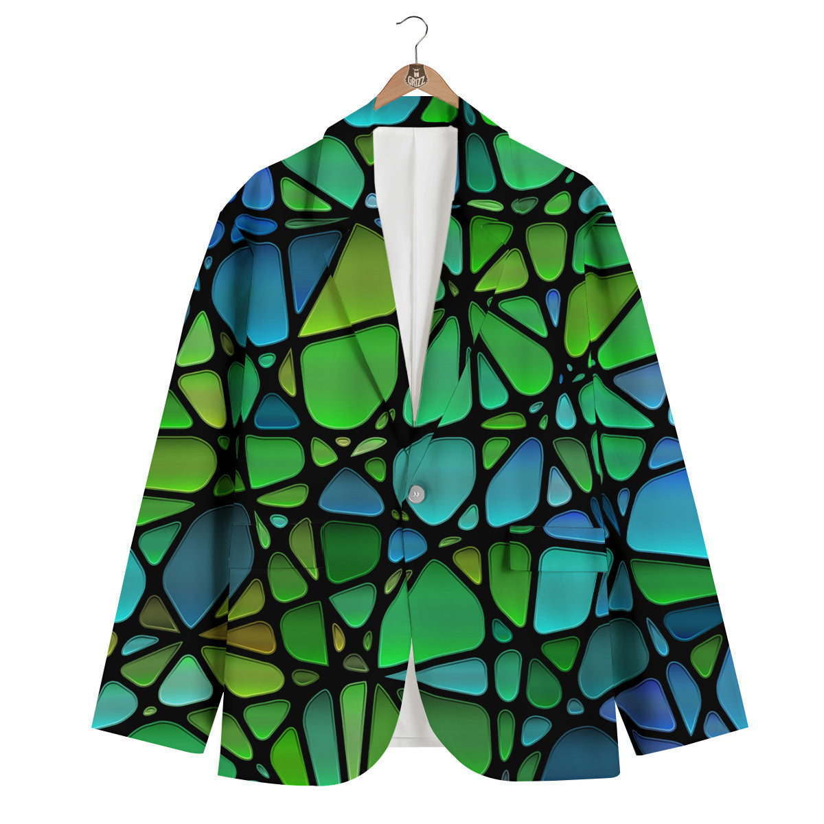 Stained Glass Green And Blue Print Men's Blazer-grizzshop