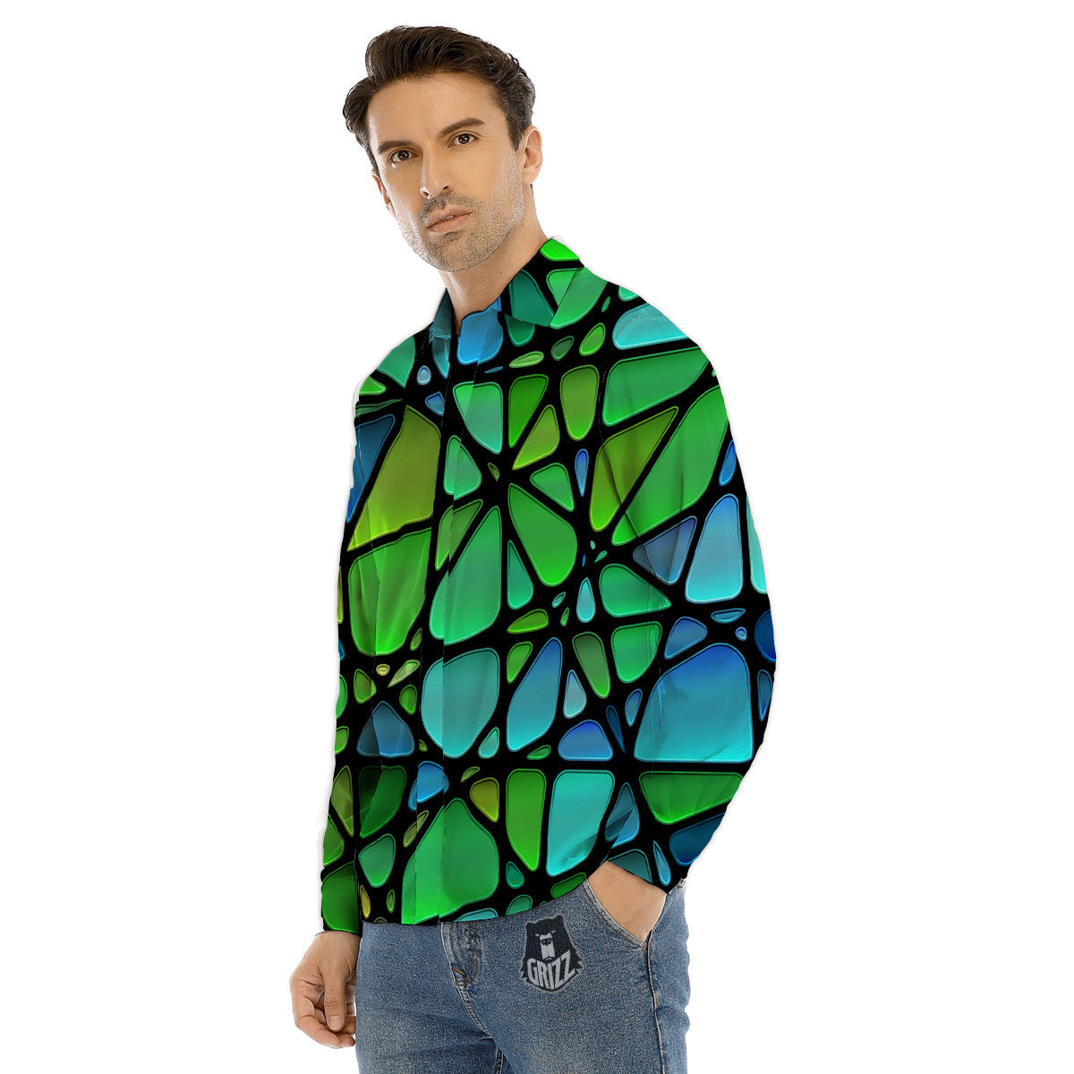 Stained Glass Green And Blue Print Men's Dress Shirts-grizzshop