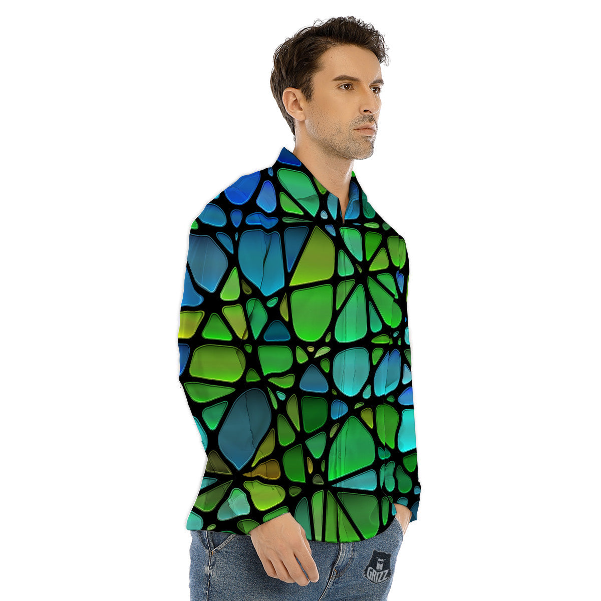 Stained Glass Green And Blue Print Men's Dress Shirts-grizzshop