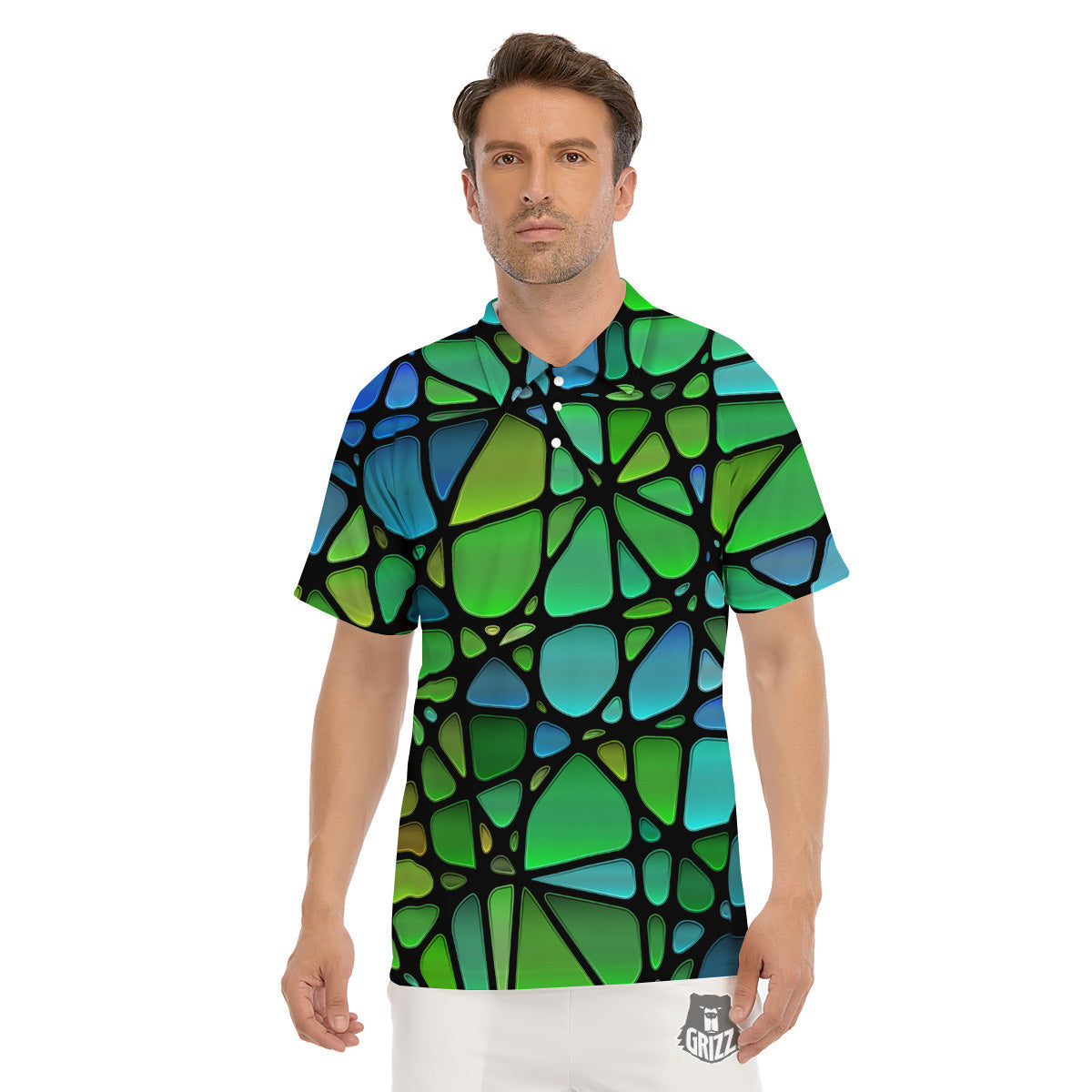 Stained Glass Green And Blue Print Men's Golf Shirts-grizzshop