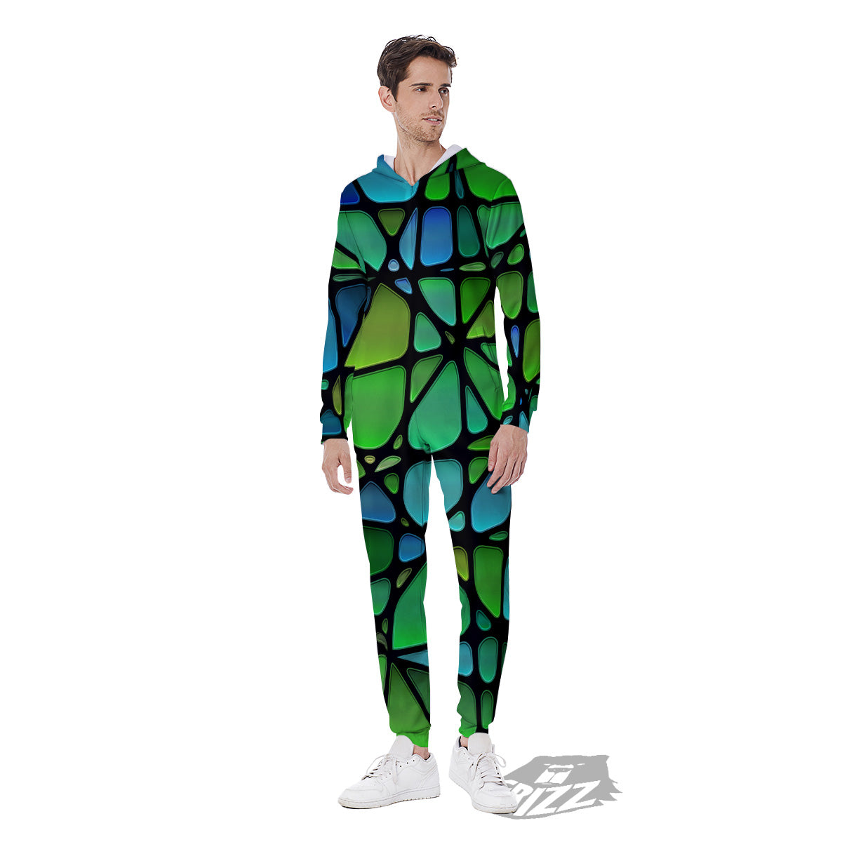 Stained Glass Green And Blue Print Men's Jumpsuit-grizzshop