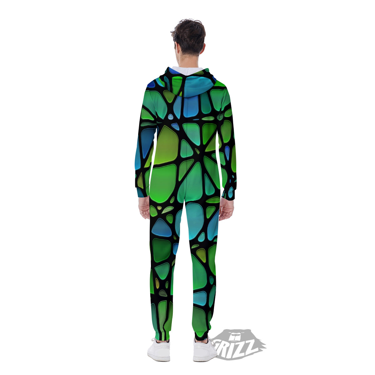 Stained Glass Green And Blue Print Men's Jumpsuit-grizzshop