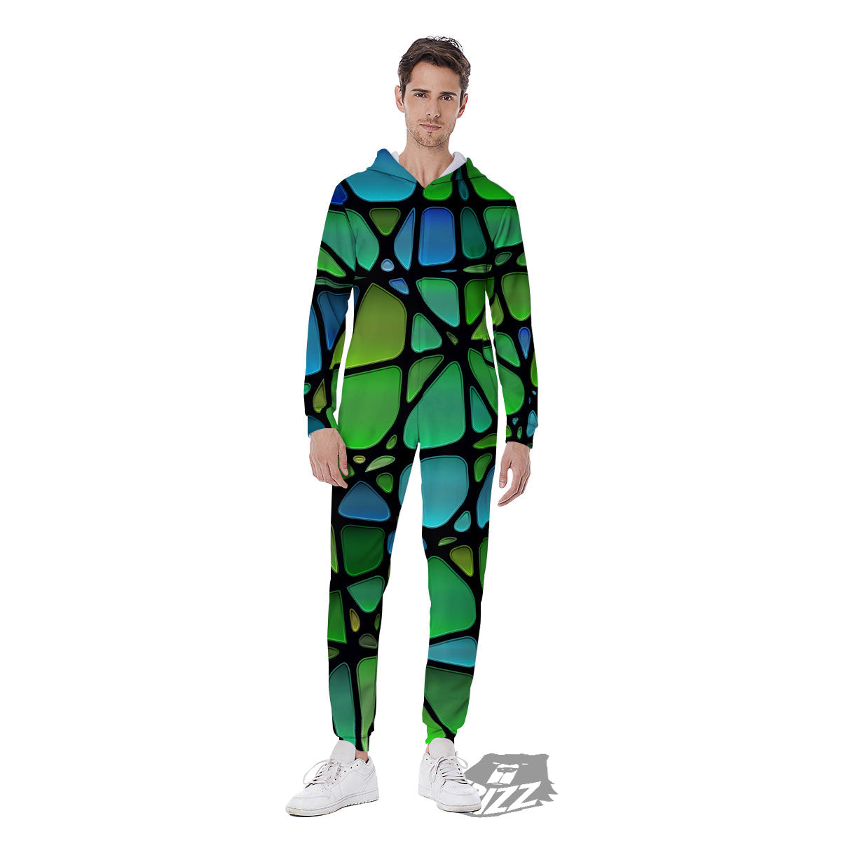 Stained Glass Green And Blue Print Men's Jumpsuit-grizzshop