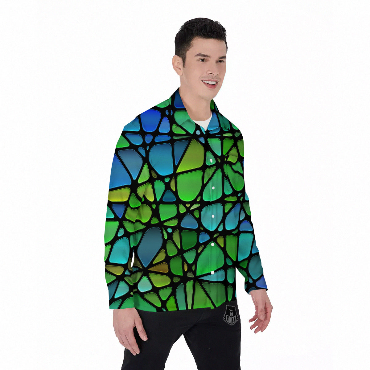 Stained Glass Green And Blue Print Men's Long Sleeve Shirts-grizzshop