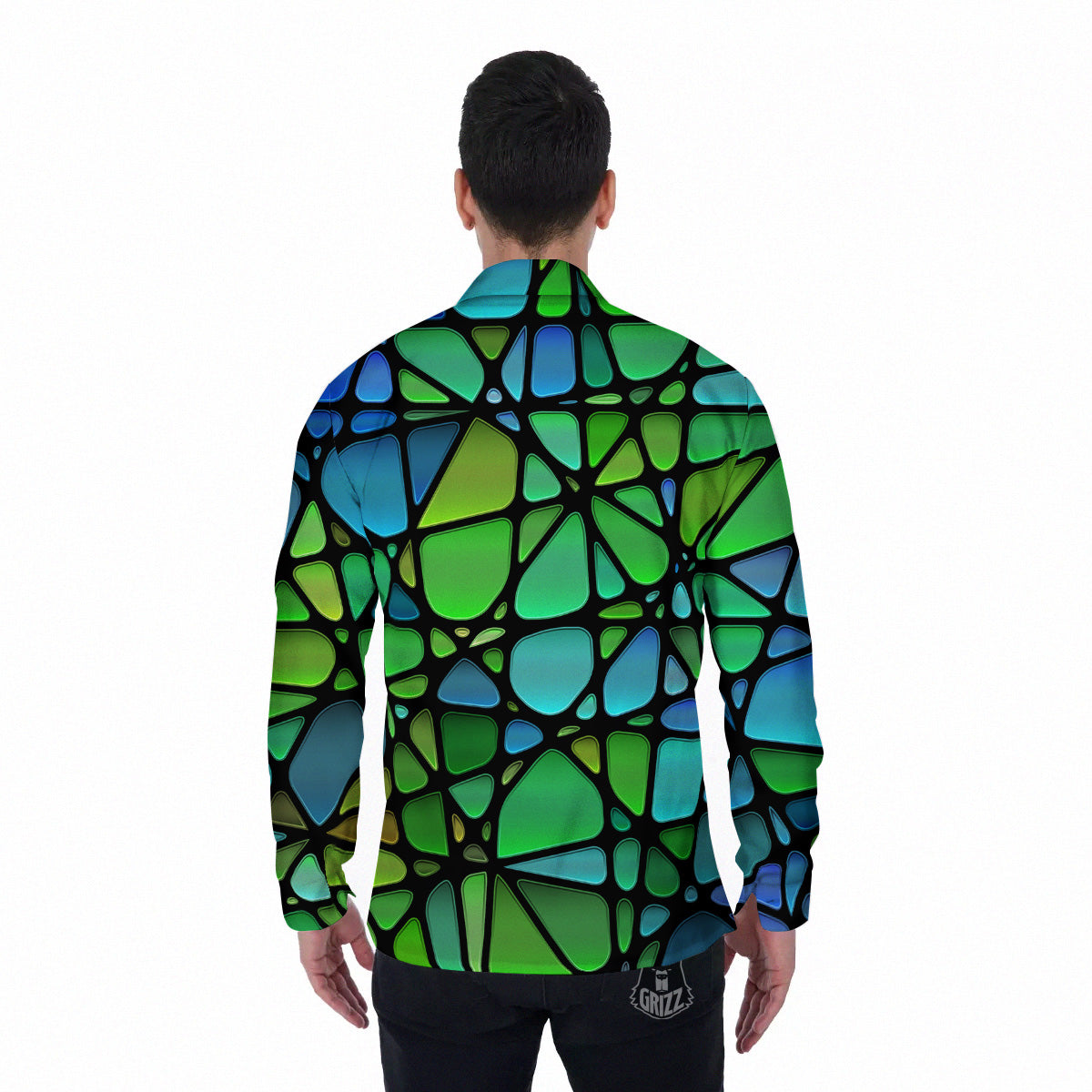 Stained Glass Green And Blue Print Men's Long Sleeve Shirts-grizzshop