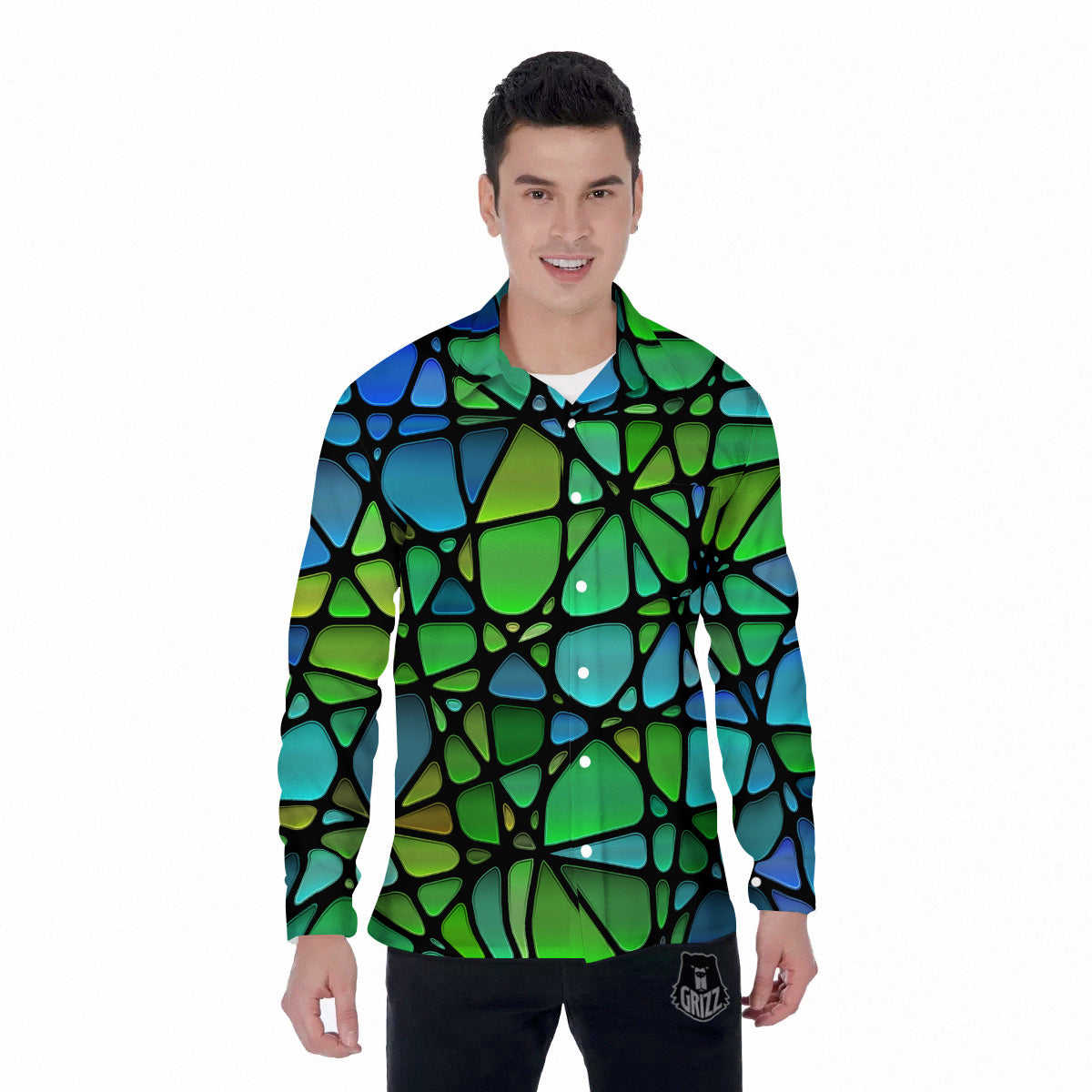 Stained Glass Green And Blue Print Men's Long Sleeve Shirts-grizzshop
