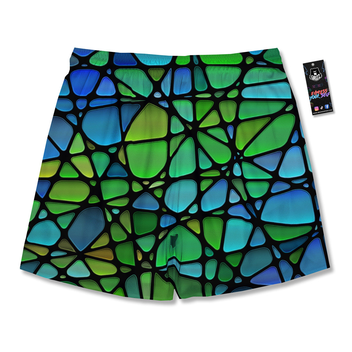 Stained Glass Green And Blue Print Men's Running Shorts-grizzshop
