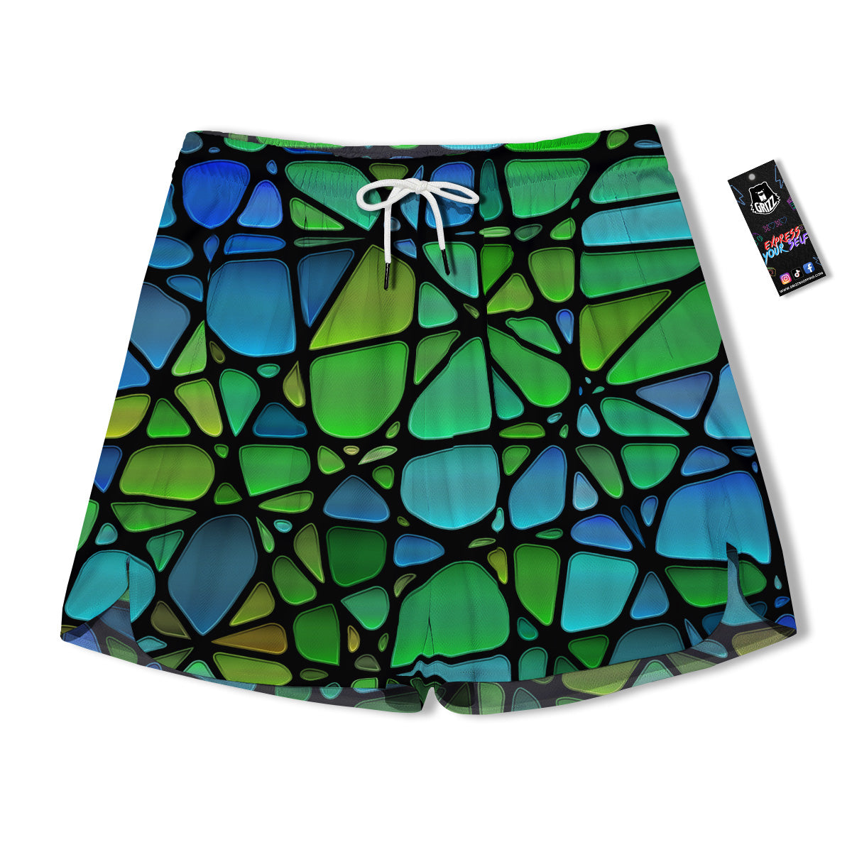 Stained Glass Green And Blue Print Men's Running Shorts-grizzshop