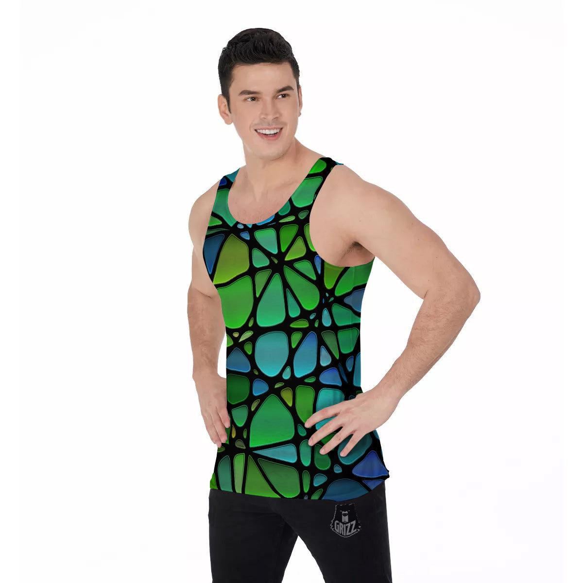 Stained Glass Green And Blue Print Men's Tank Top-grizzshop