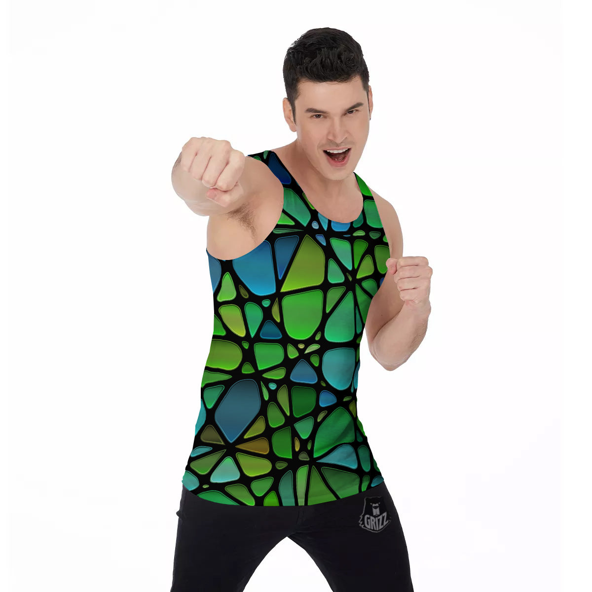 Stained Glass Green And Blue Print Men's Tank Top-grizzshop