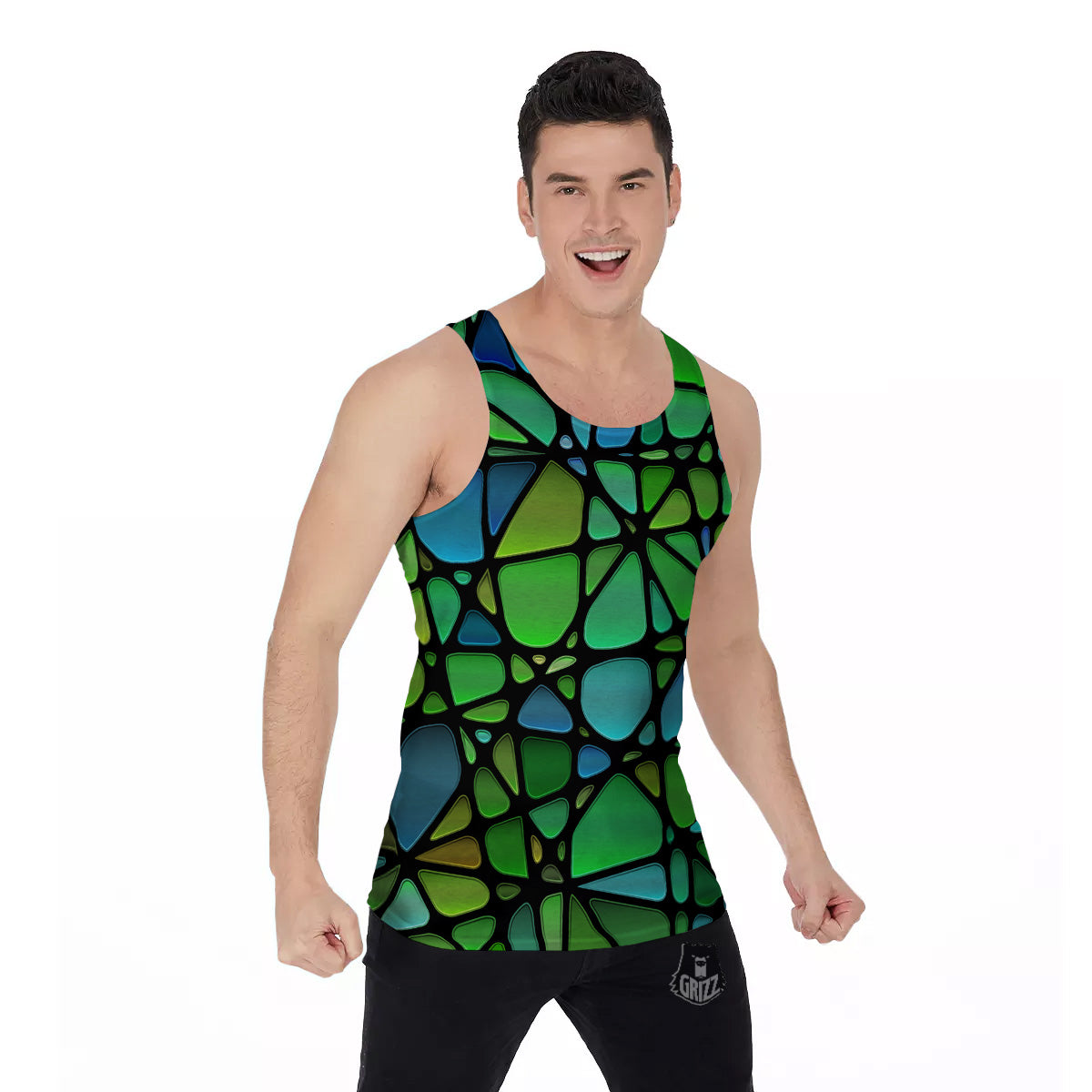 Stained Glass Green And Blue Print Men's Tank Top-grizzshop