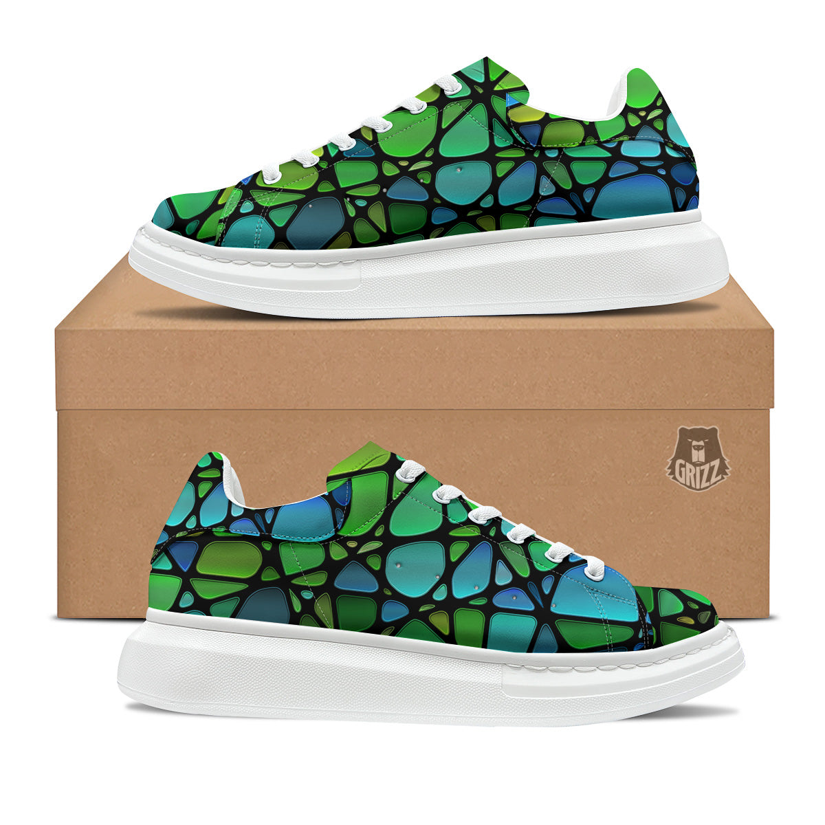 Stained Glass Green And Blue Print Platform Shoes-grizzshop