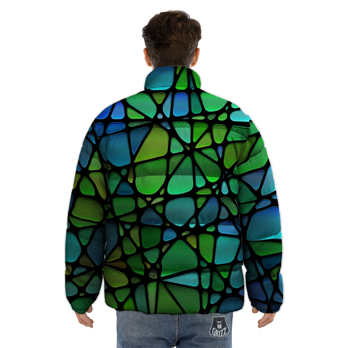 Stained Glass Green And Blue Print Puffer Jacket-grizzshop
