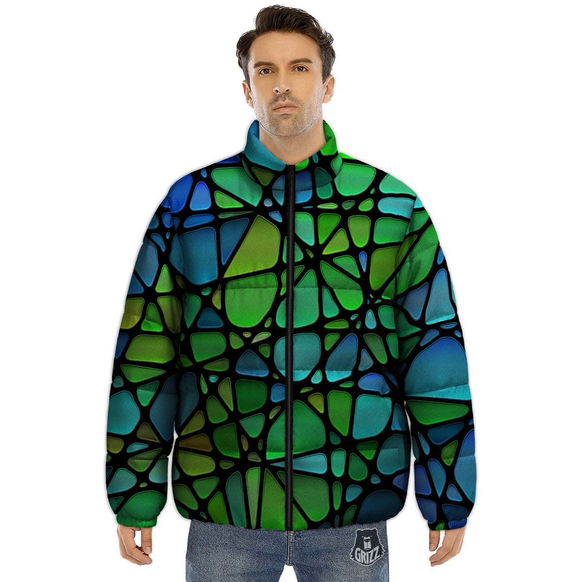 Stained Glass Green And Blue Print Puffer Jacket-grizzshop