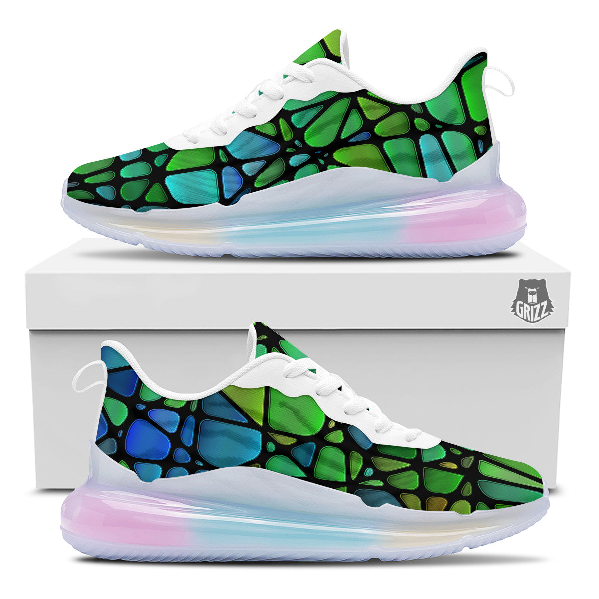 Stained Glass Green And Blue Print Running Sneakers-grizzshop