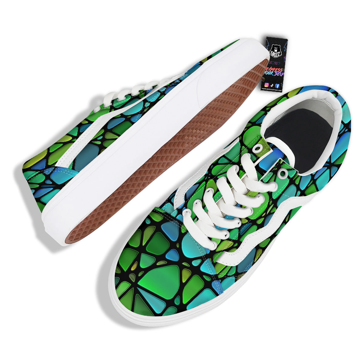 Stained Glass Green And Blue Print Skate Shoes-grizzshop