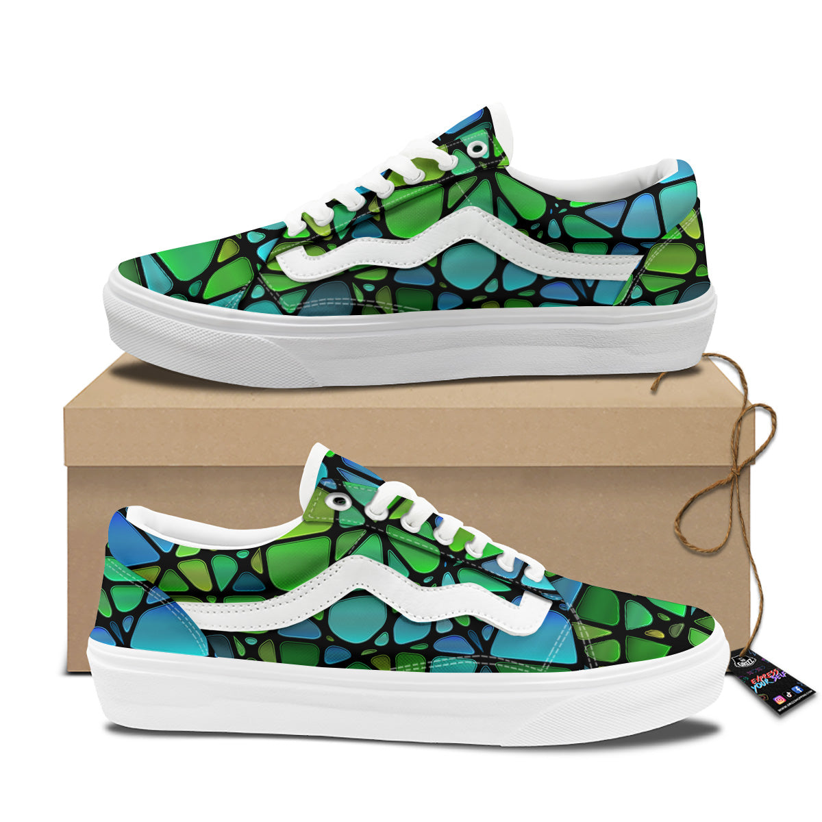 Stained Glass Green And Blue Print Skate Shoes-grizzshop