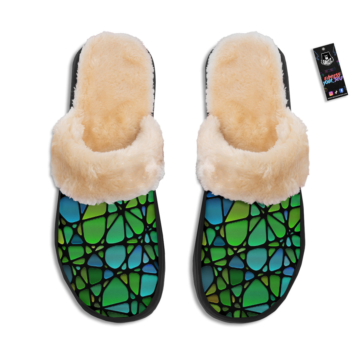 Stained Glass Green And Blue Print Slippers-grizzshop