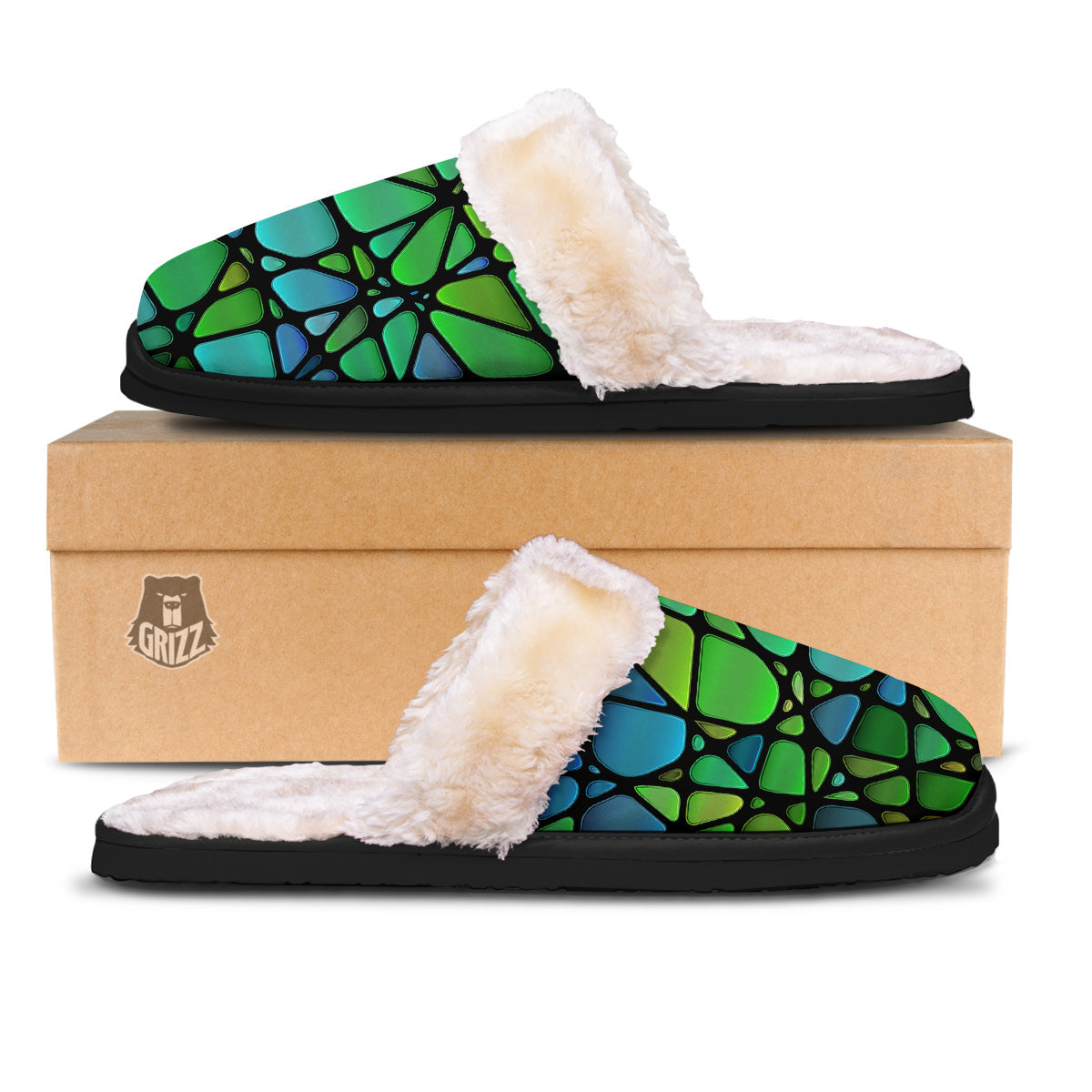 Stained Glass Green And Blue Print Slippers-grizzshop
