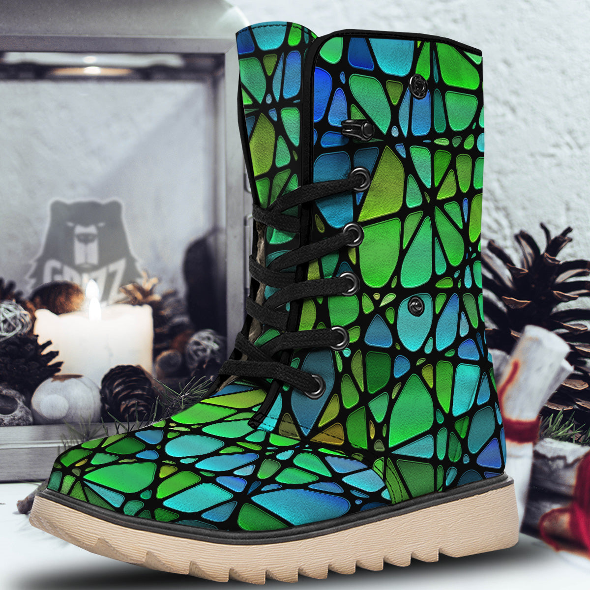 Stained Glass Green And Blue Print Snow Boots-grizzshop