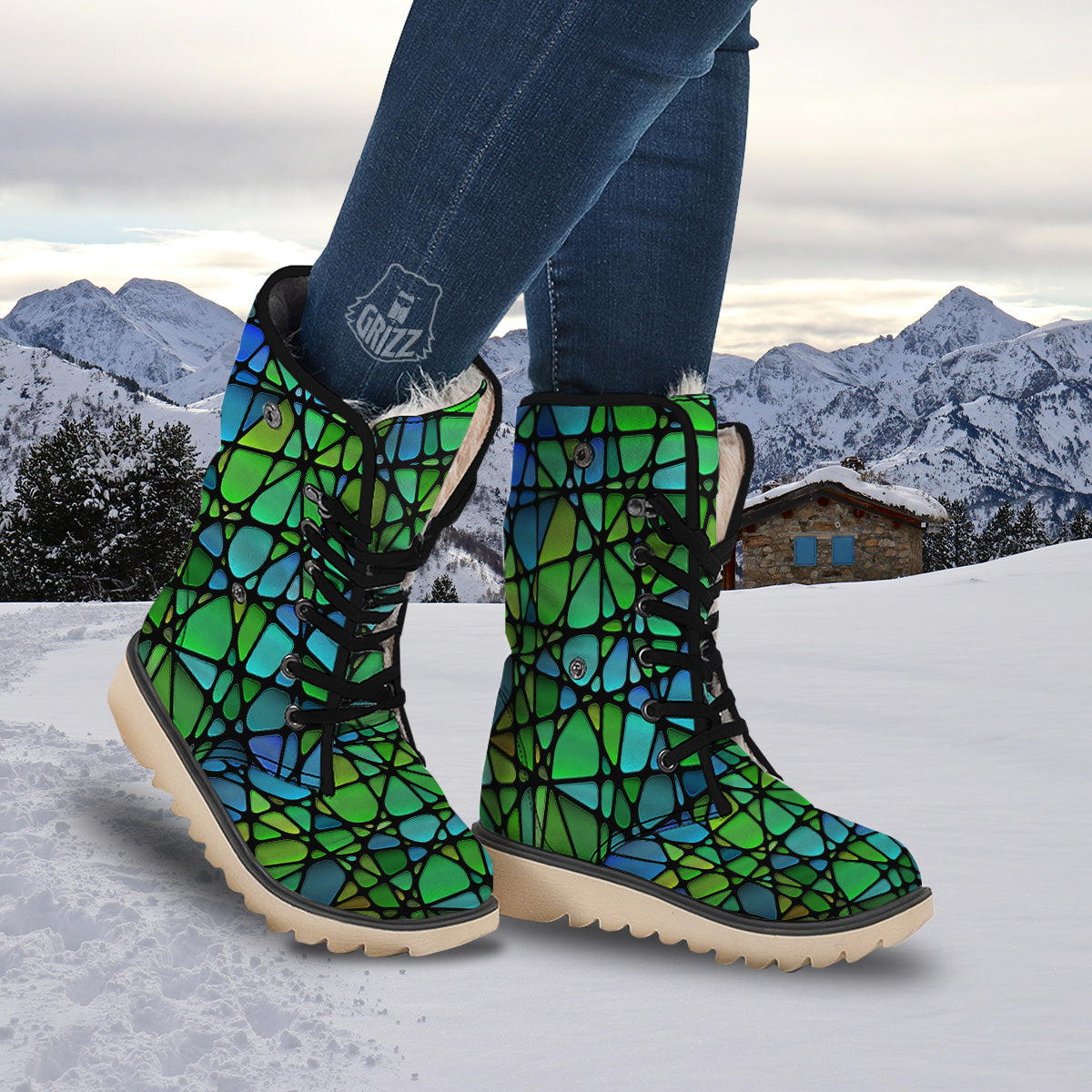 Stained Glass Green And Blue Print Snow Boots-grizzshop