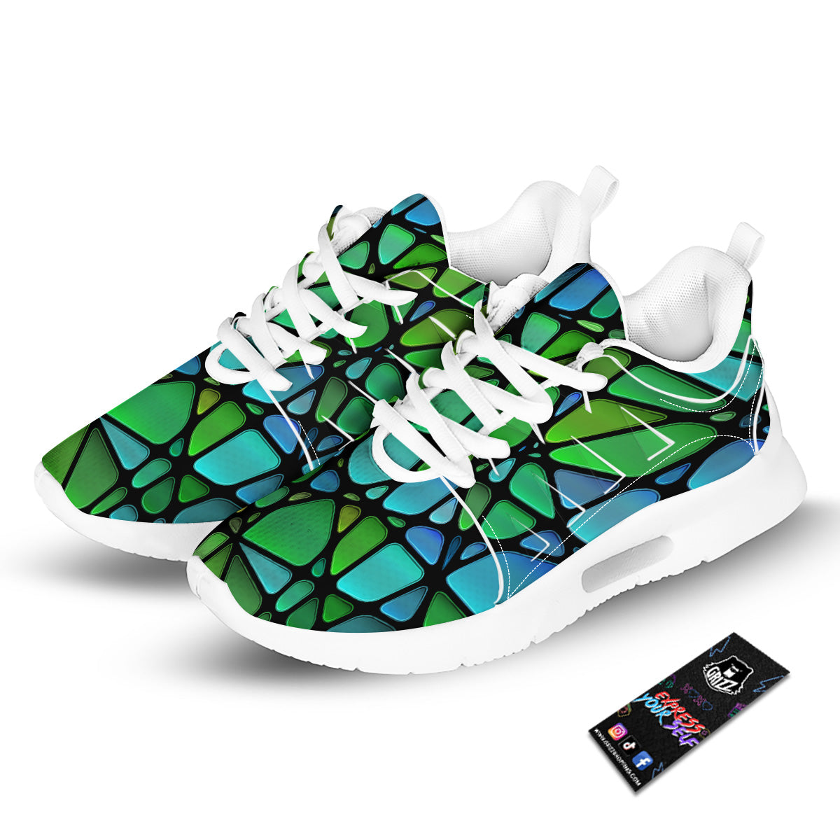Stained Glass Green And Blue Print Tennis Shoes-grizzshop