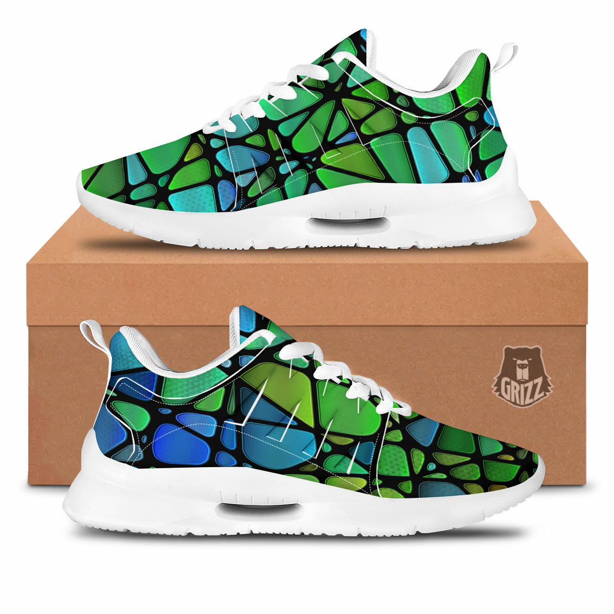 Stained Glass Green And Blue Print Tennis Shoes-grizzshop