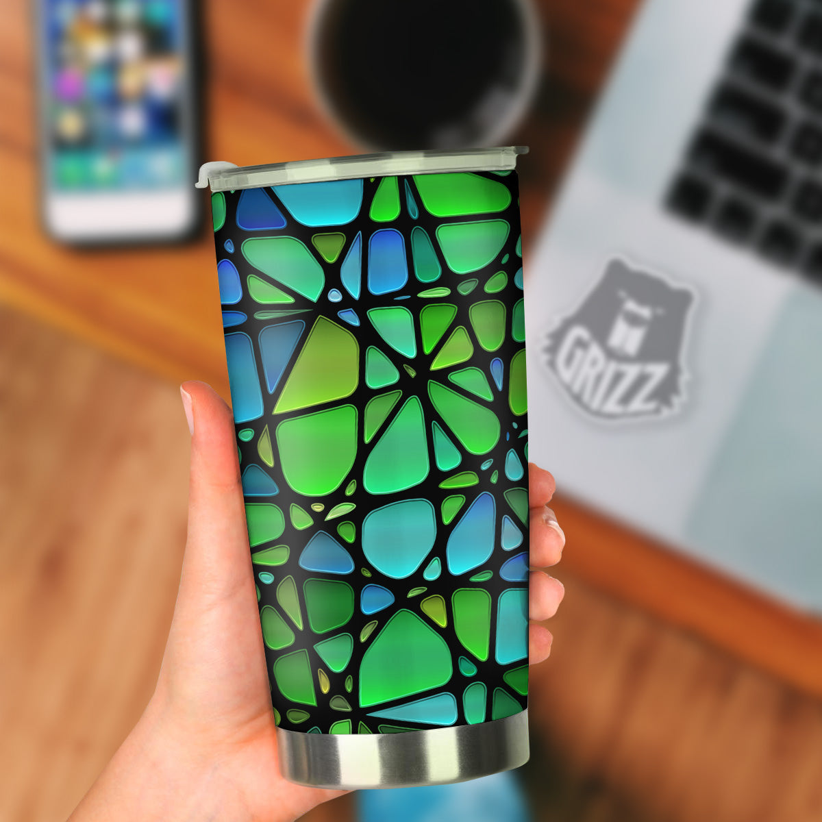 Stained Glass Green And Blue Print Tumbler-grizzshop