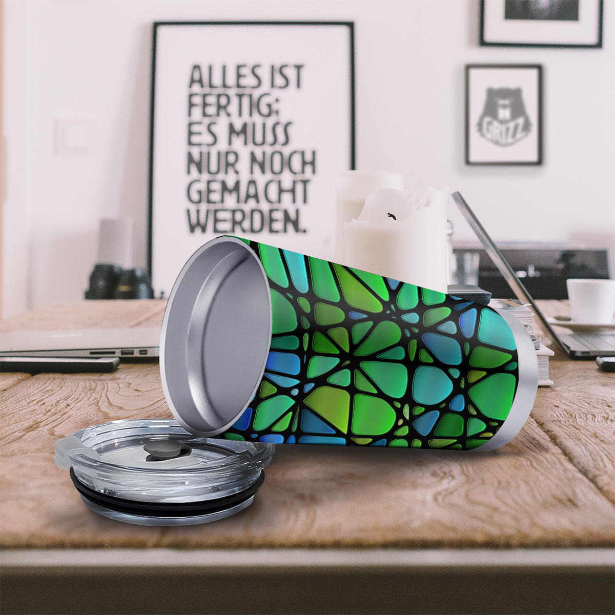 Stained Glass Green And Blue Print Tumbler-grizzshop