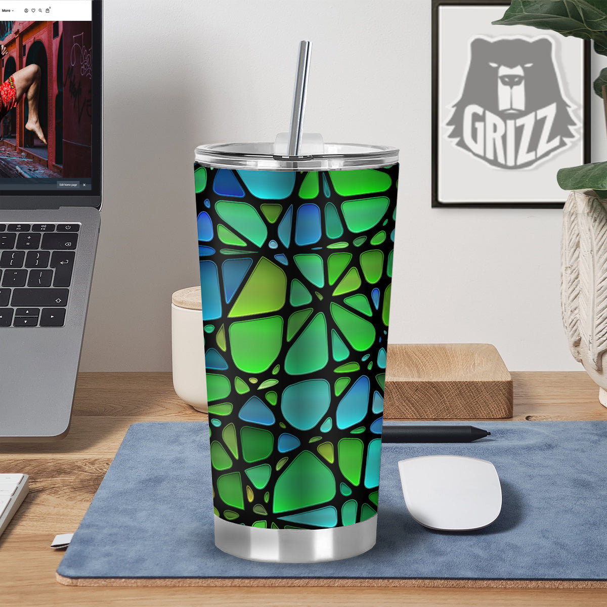 Stained Glass Green And Blue Print Tumbler-grizzshop