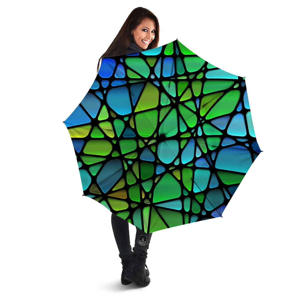Stained Glass Green And Blue Print Umbrella-grizzshop