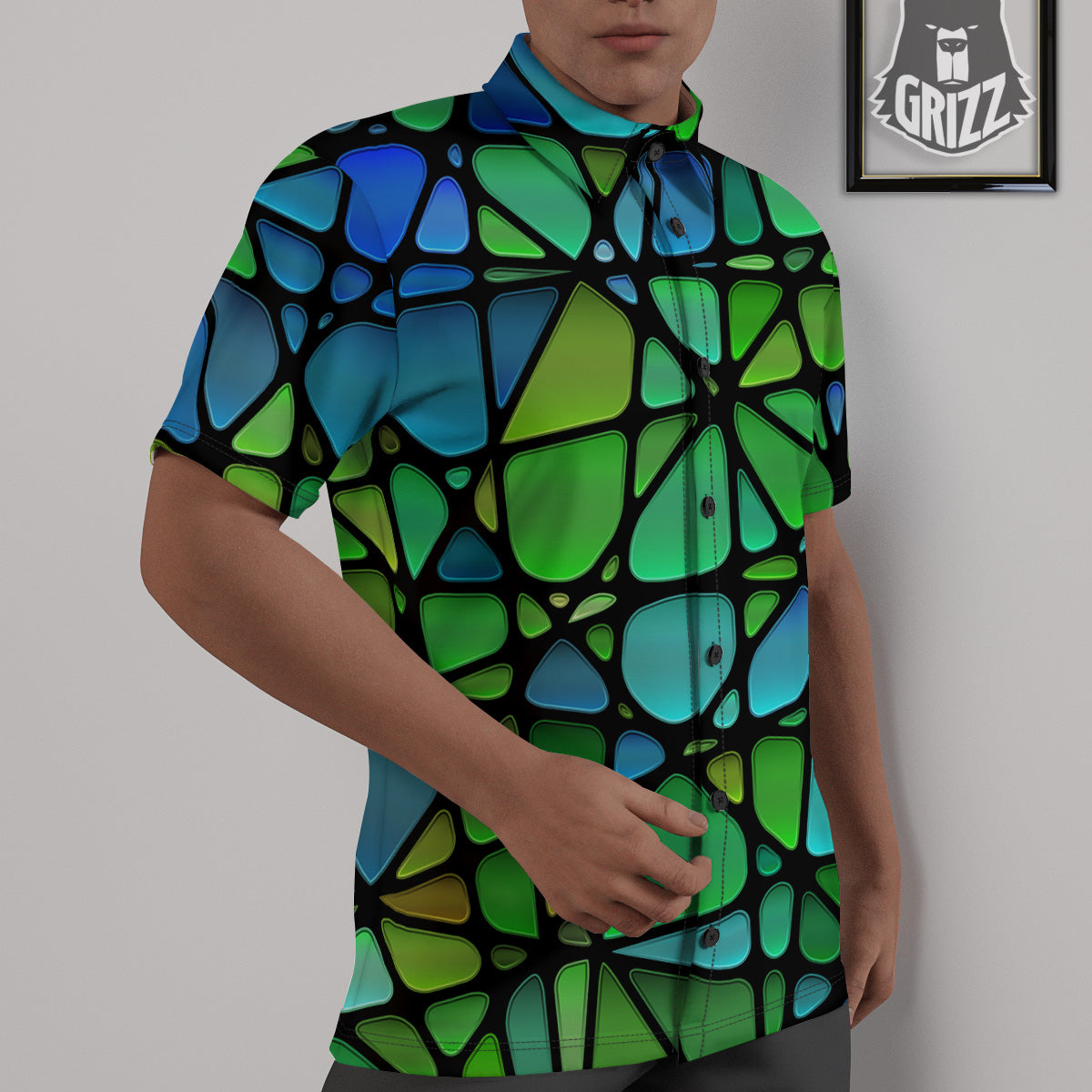 Stained Glass Green And Blue Print Untucked Shirts-grizzshop