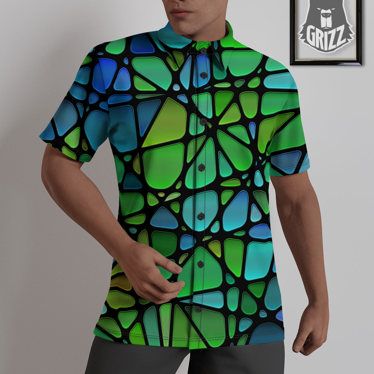 Stained Glass Green And Blue Print Untucked Shirts-grizzshop